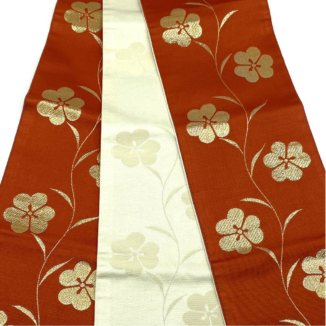 【Unstitched】Half-width obi, polyester, A rank, scarlet, wood sorrel, reversible. Obi length 340cm, orange系. 1125002063326