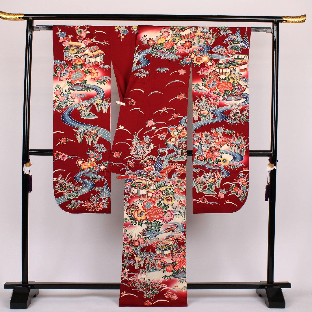 Long-sleeved kimono, length 167cm, sleeve length 66cm, lined, Kyoto Bingata, Chayatsuji pattern, pure silk, A rank, red, 1113000103512