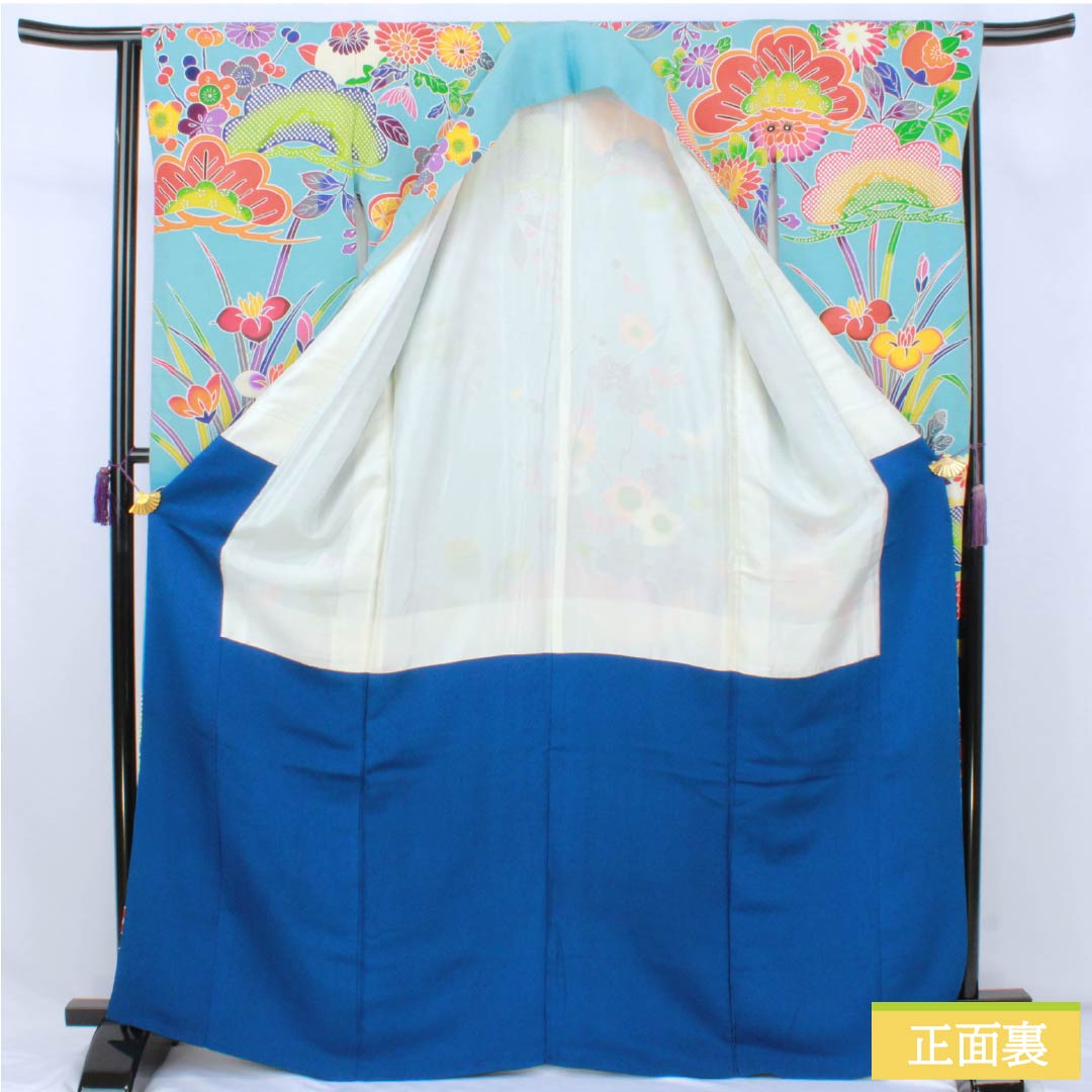 A-rank pure silk furisode kimono (long-sleeved kimono), length 166.5cm, sleeve length 64.5cm, lined, light blue, Kyoto Bingata crepe fabric, auspicious plum and pine motifs, light blue, product number 1113002543524