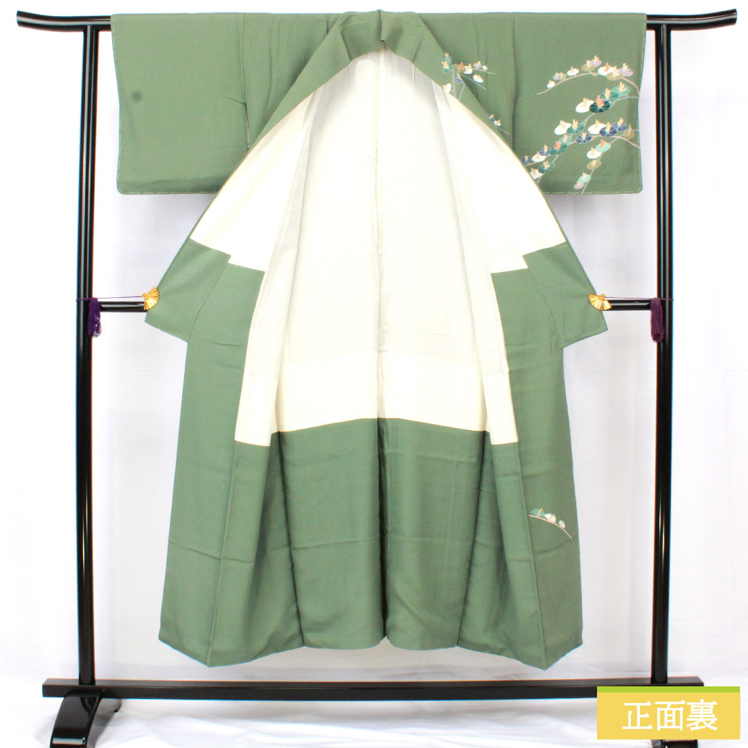 Homongi, pure silk, lined, length 146.5cm, sleeve length 60cm, rokan-iro, Kyoto yuzen, abstract pattern, basting thread included, unused, S rank, green, 1112005102119
