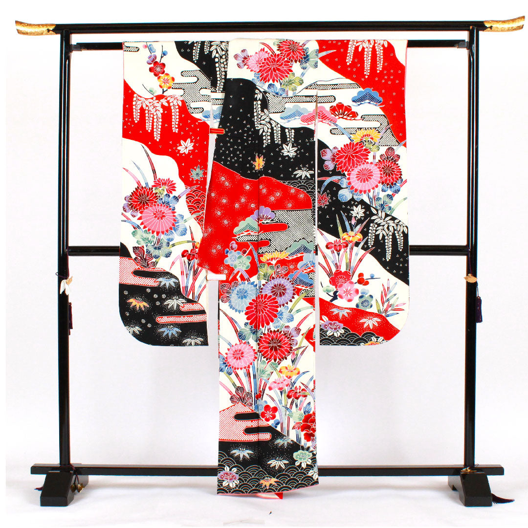 振袖 身丈160cm 裄丈63cm 袷  京紅型 松竹梅 青海波 正絹 Aランク 白系 1113000793411