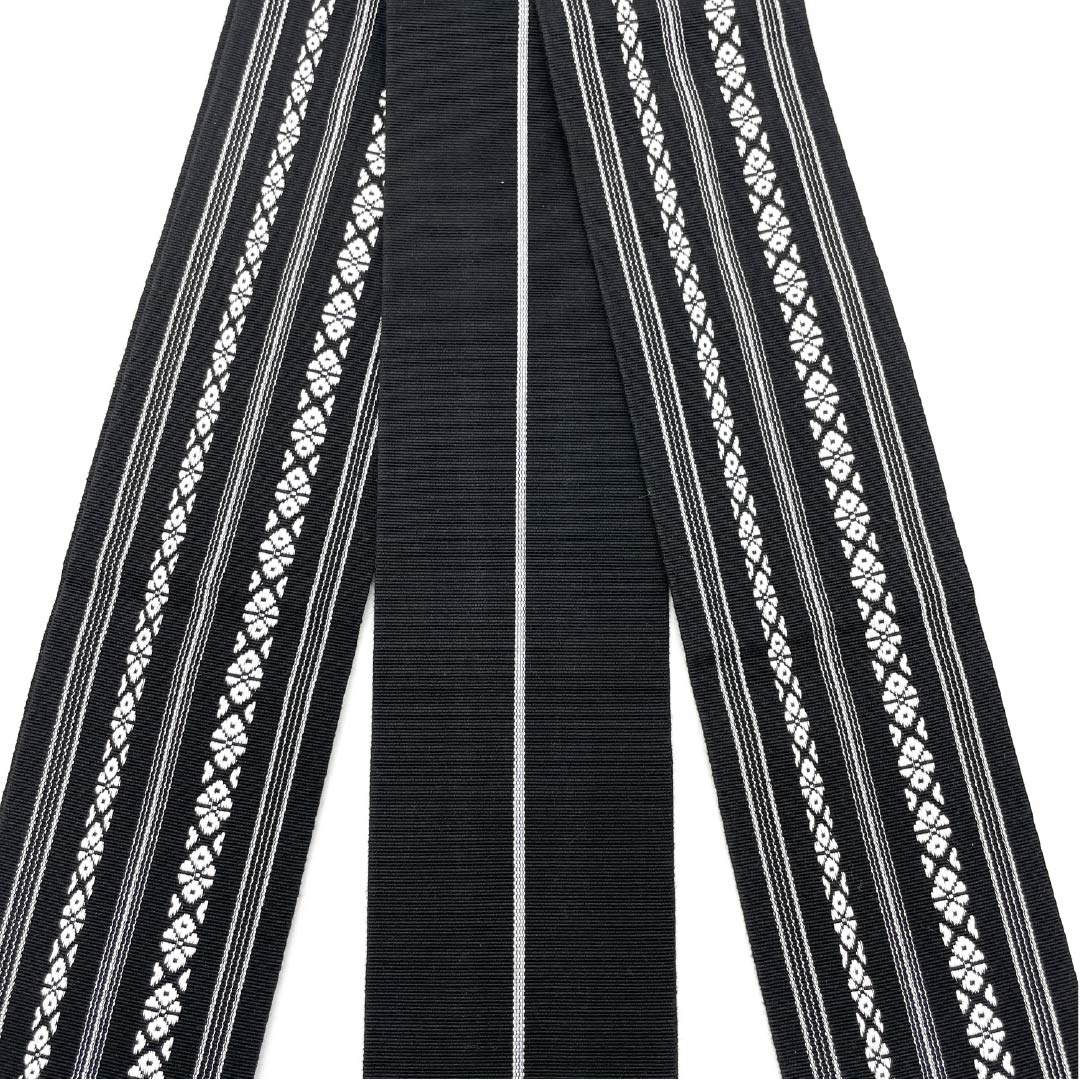 (Unmade) Kaku-obi (cotton sash), Hakata-ori, Kenjo pattern, reversible, obi length 394cm, width 9.5cm, S rank, black, 1134000482910