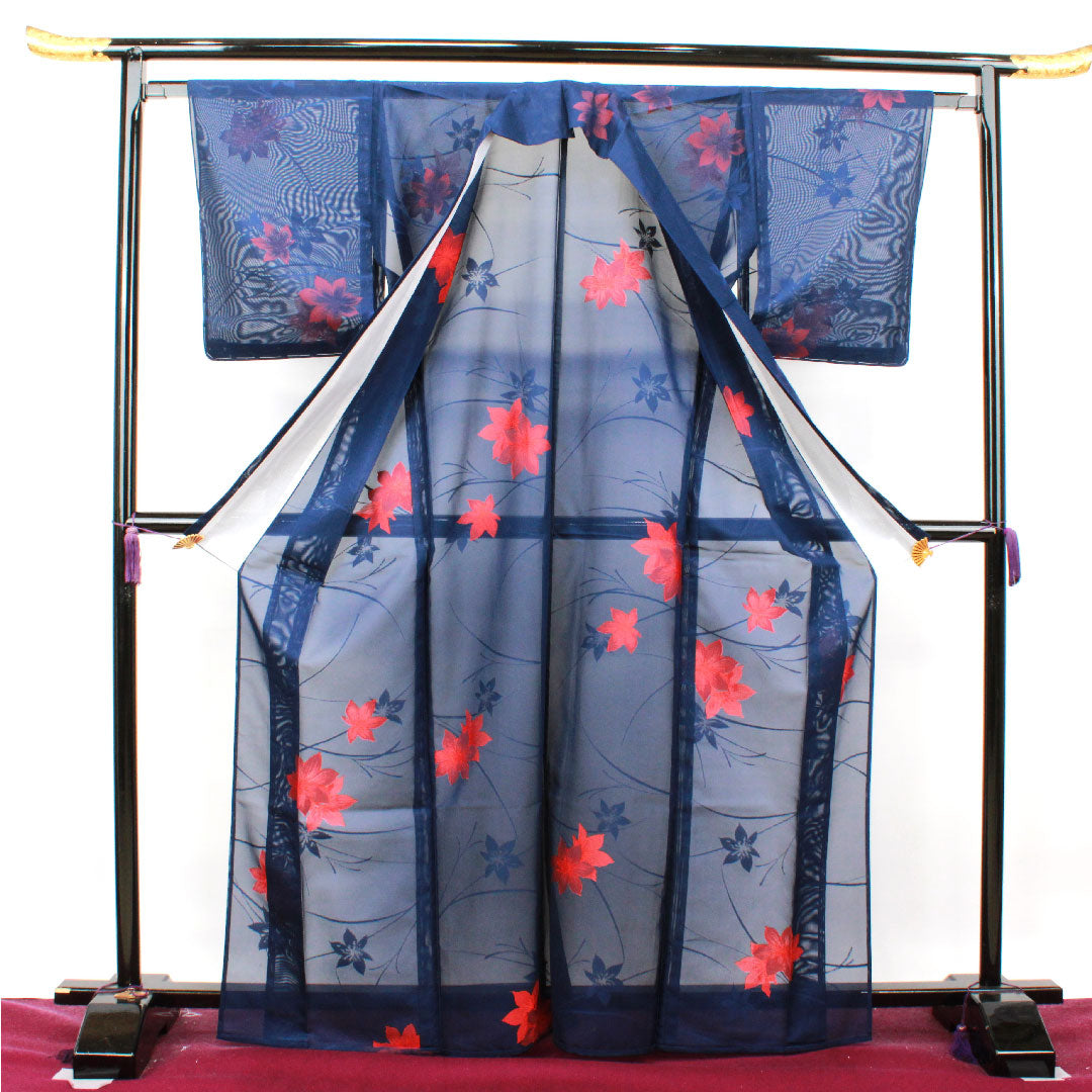 夏物 正絹 小紋 身丈168cm 裄丈63.5cm 紺桔梗色（こんききょういろ） 草花模様 しつけ糸付き 未使用品 紗 Sランク 紺系 1132001282518
