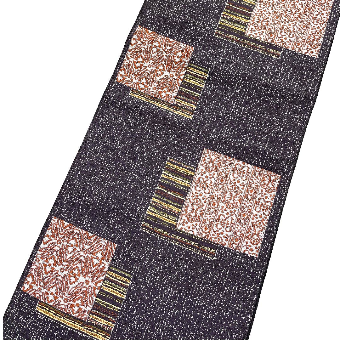 Nagoya Obi, Fujisuto Bamboo Color, Abstract Square Pattern, Length 367cm, Polyester, S Rank, Six-Ply, Casual, Gray, 1124003782322, Nagoya Obi Style
