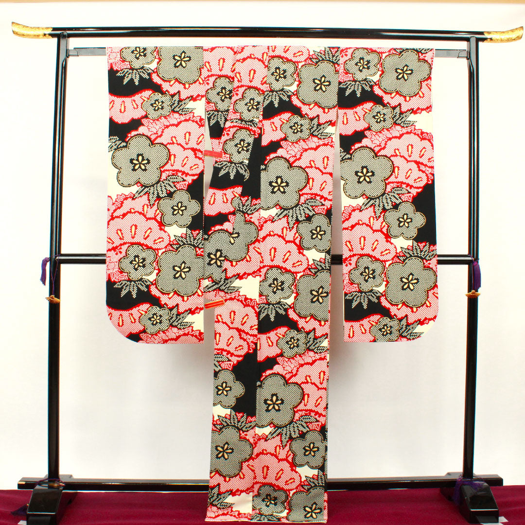 振袖 身丈170.5cm 裄丈67cm 袷  モノトーン 洗える着物 松竹梅  ポリ Sランク 黒系 1113001322610