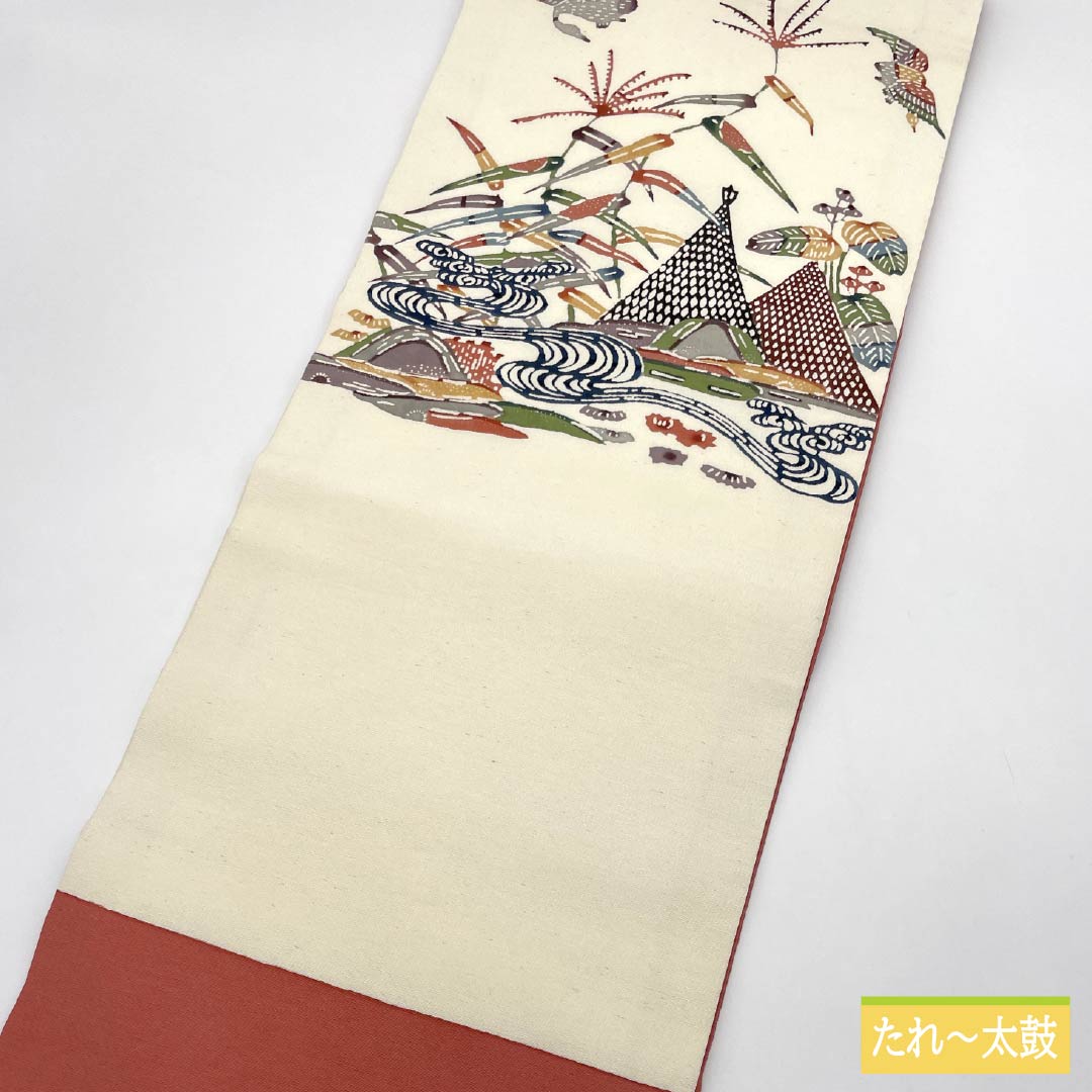 Nagoya obi, milky white color, Kyoto Bingata, landscape pattern, bird, obi length 360cm, pure silk, S rank, point pattern, casual, cream color, 1124007242315, Nagoya style