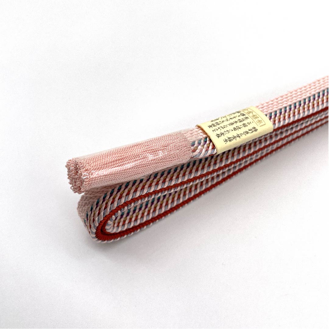 (New old stock) Silk obijime, quarter-length string, dawn color, made with colorful three-quarter gold and silver thread, new old stock, length approx. 165cm, width approx. 1.5cm, semi-formal, S rank, pink, 1135002682313