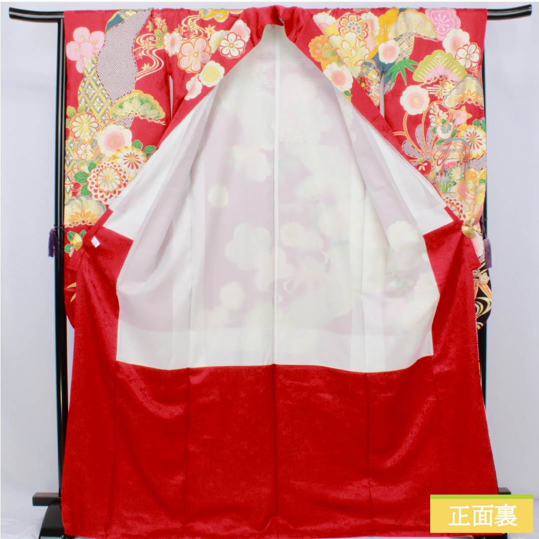振袖 正絹 Sランク 身丈170.5cm 裄丈67.5cm 袷 真紅色（しんくいろ） 京友禅 吉祥文様 松竹梅 菊 ECOガード加工 赤系 1113002602612