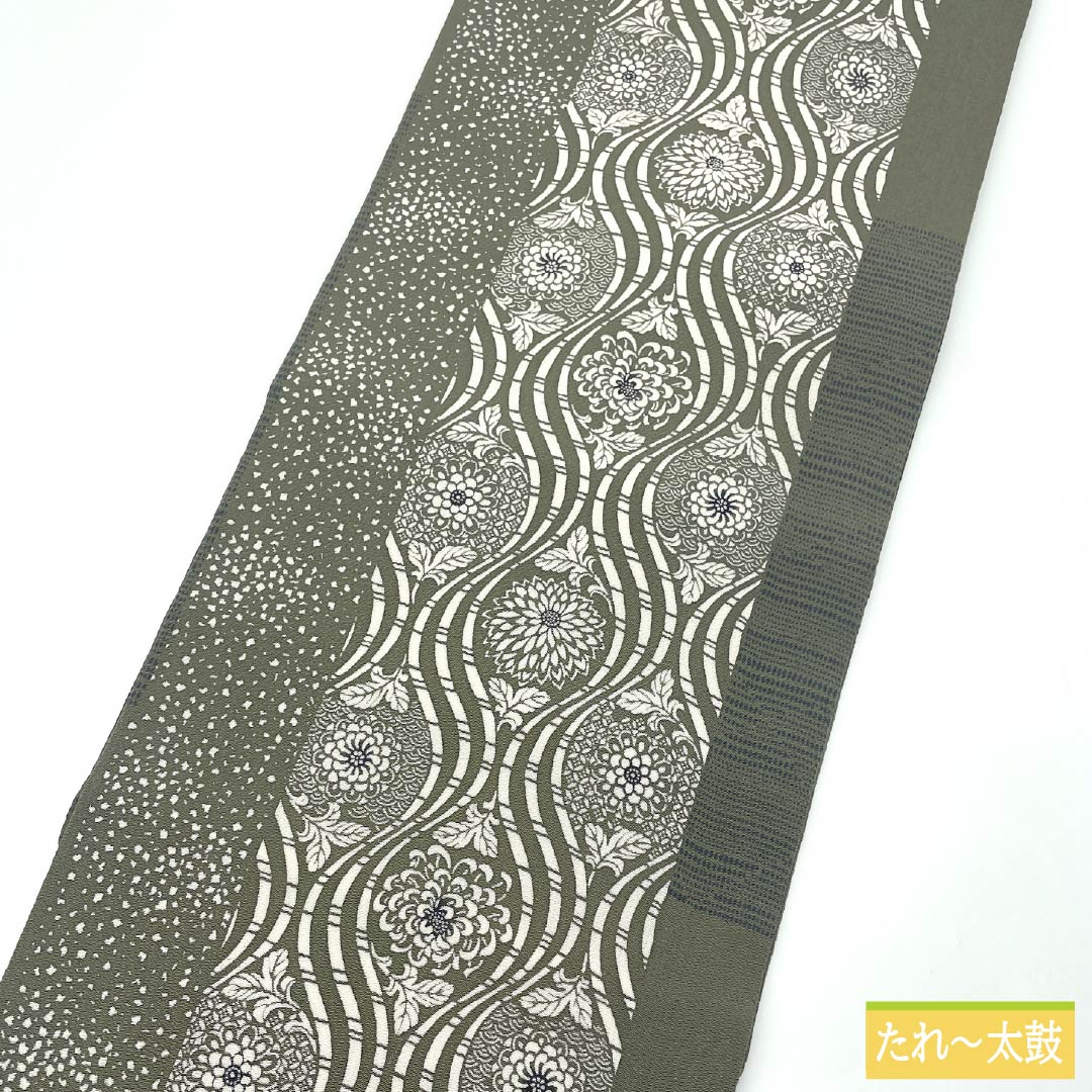 名古屋帯 正絹 Aランク 浮草鼠色（うきくさねずいろ） 型染 立涌 菊 帯丈368cm 全通 カジュアル 緑系 1124009683319 名古屋仕立て