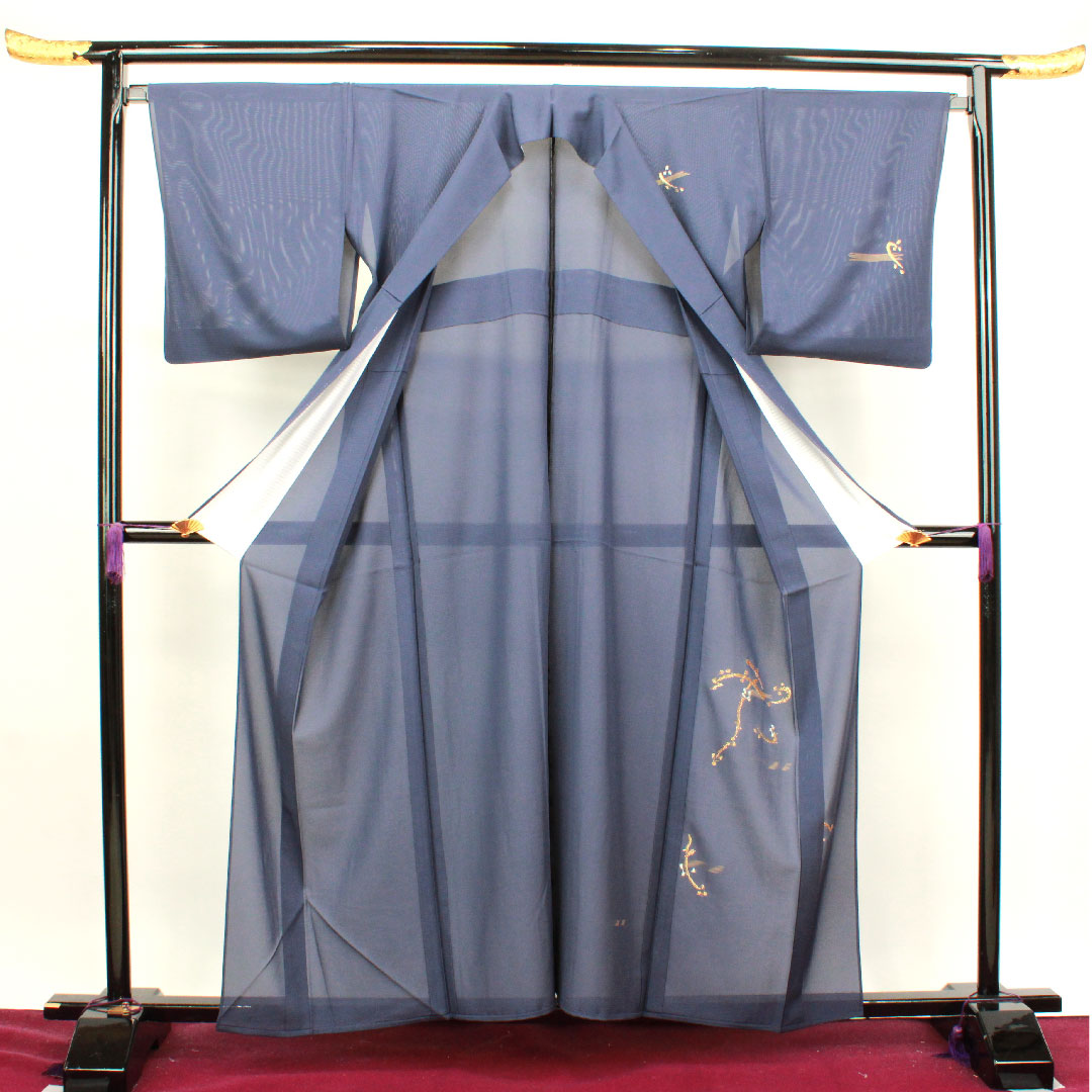 Visiting kimono, summer, length 158cm, sleeve length 66cm, dark color, silk, Takeyamachi embroidery, abstract pattern, bellflower with three scales, pure silk, S rank, navy blue, 1112002772318