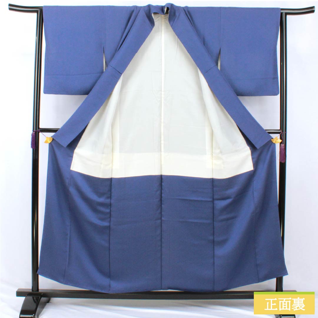 Solid-colored silk kimono, A-rank, length 155cm, sleeve length 62.5cm, Kikyo-nandou-iro (kikyo-nandou-iro) color, single crest, Sokage-maru with quince, sewn crest, lined, blue, 1114002573317