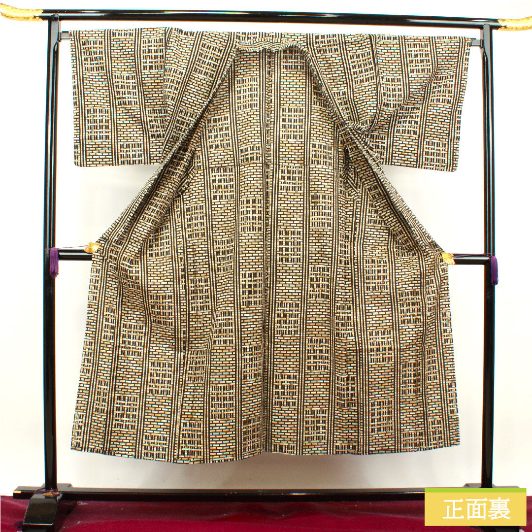 Men's Yukata Cotton, Length 147.5cm, Sleeve-to-shoulder 69cm, S Rank, Unlined, Beige, Tokyo Shiracha (Tokyo white tea color), Geometric pattern, Kansai Yamamoto 1118004942425