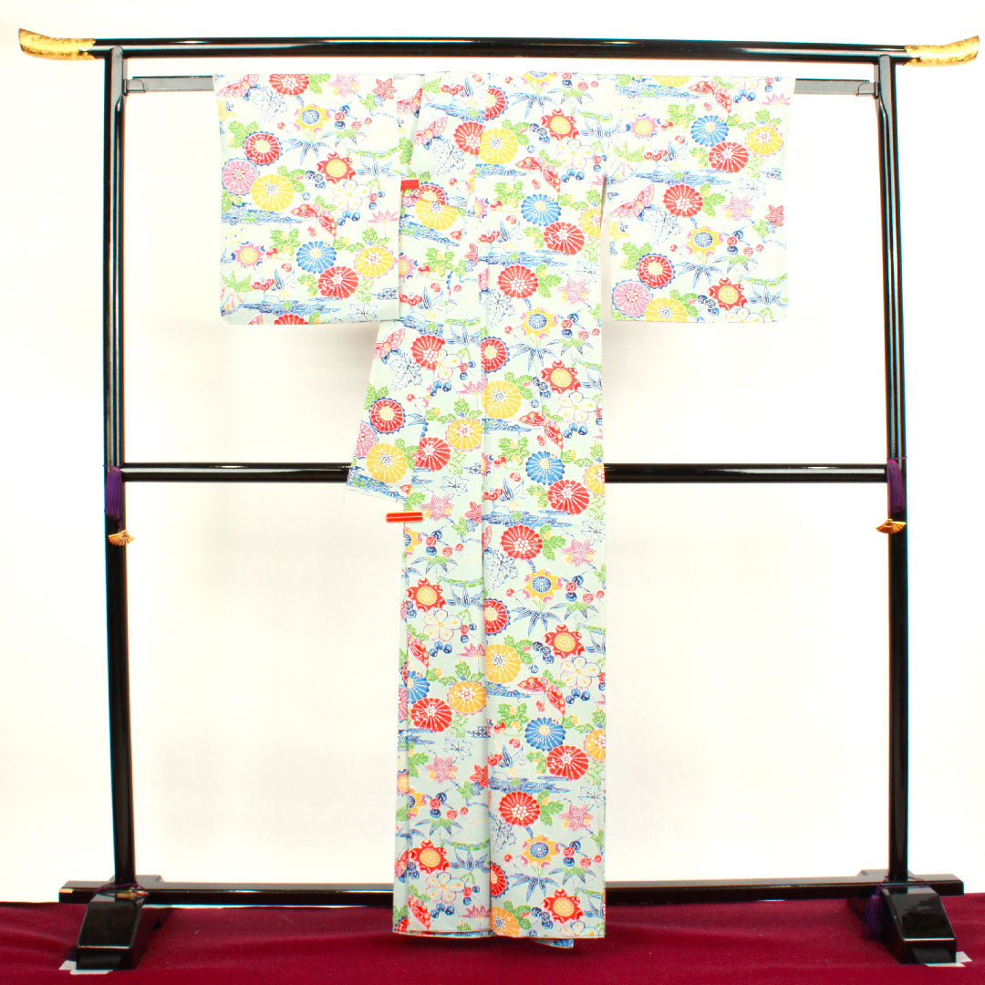 小紋 身丈160cm 裄丈64cm 袷  藍白色 京紅型 蝶 菊  正絹 Aランク 青系 1115003163417