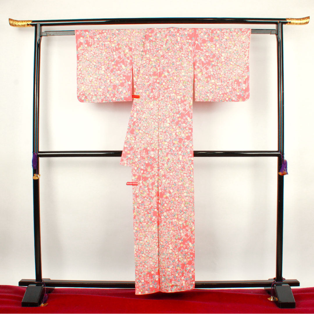 小紋 身丈158cm 裄丈65.5cm 袷  中紅色 型染 草花模様  正絹 Aランク ピンク系 1115002373313