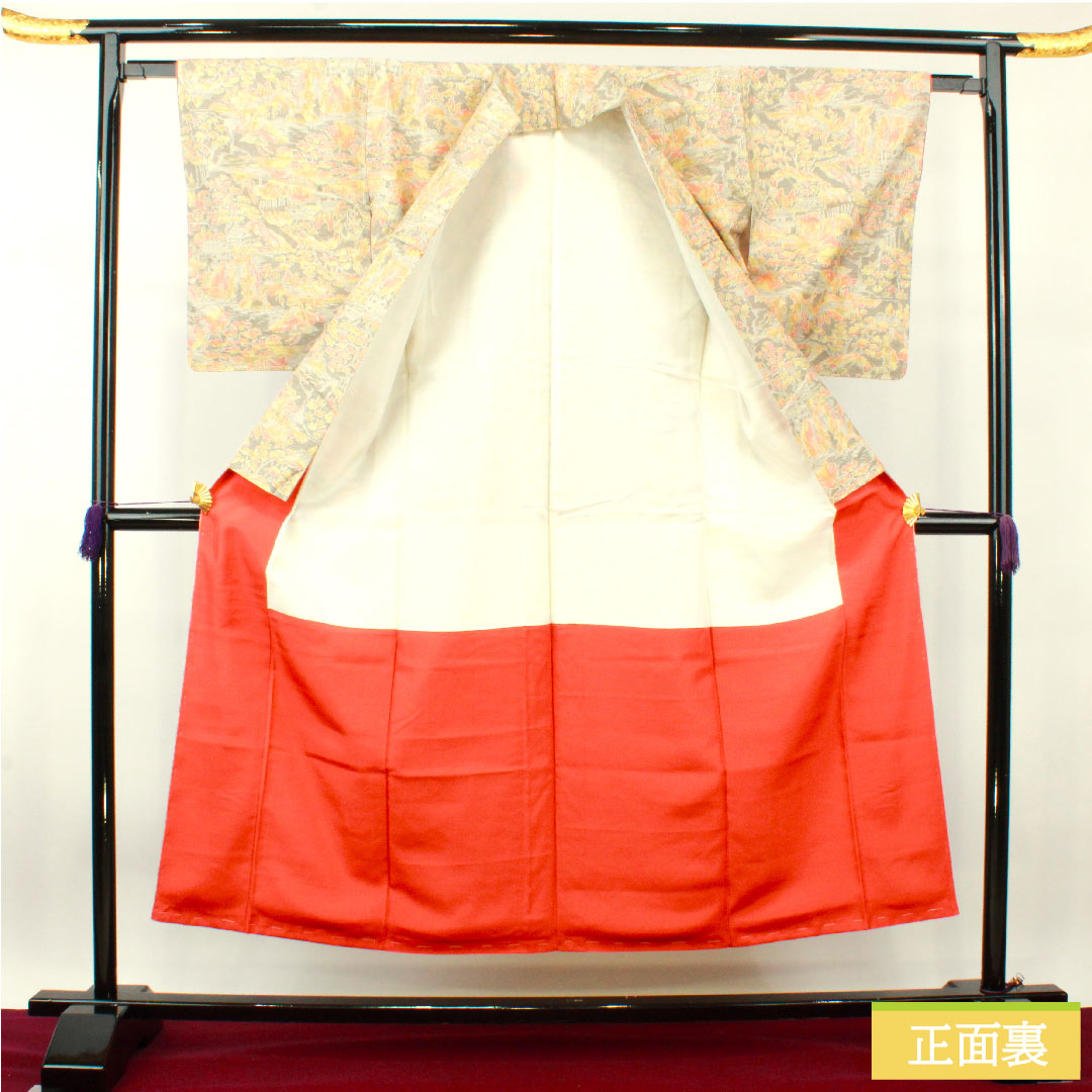 紬 正絹 身丈150.5cm 裄丈62cm 絹鼠色（きぬねずいろ） 風景模様 しつけ糸付き 未使用品 Sランク 袷 グレー系 1116003402122