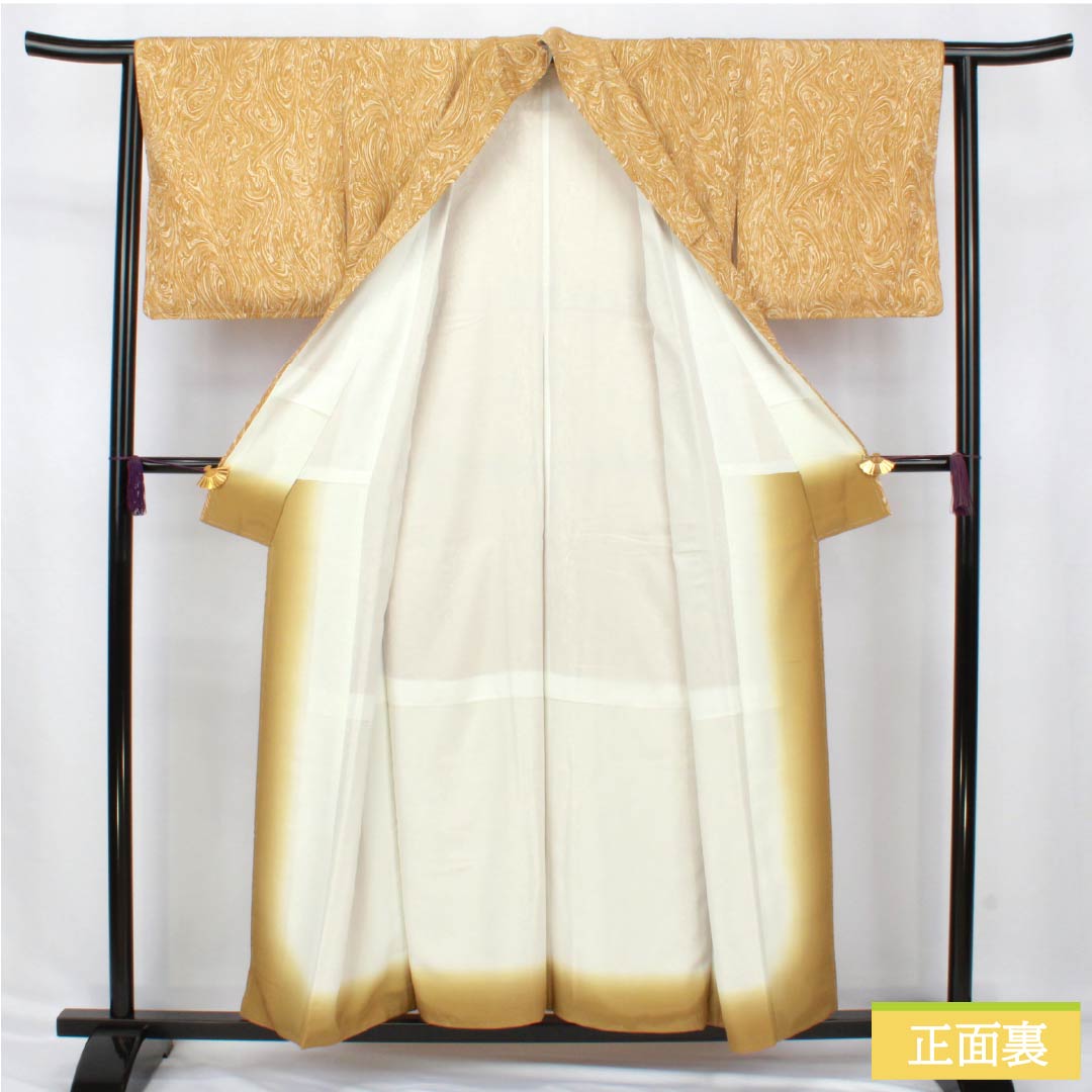 Small-patterned kimono, polyester, S rank, length 156cm, sleeve length 63cm, lined, loquat brown (biwa-chairo) dyed with Sumi-zushi dyeing, with basting threads, washable, orange, 1115007502326