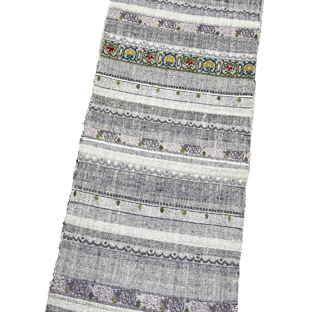 名古屋帯 薄鼠色 幾何学模様 横段 紬地 長尺 帯丈412cm 正絹 Aランク 六通 カジュアル グレー系 1124005163322  松葉仕立て