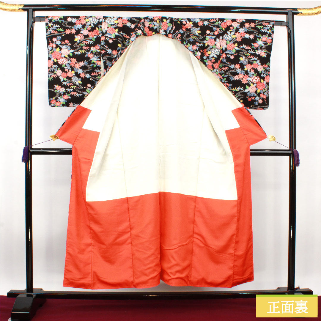 小紋 正絹 身丈152cm 裄丈63.5cm 袷 型染 吉祥文様 Sランク 黒系 1115004132210