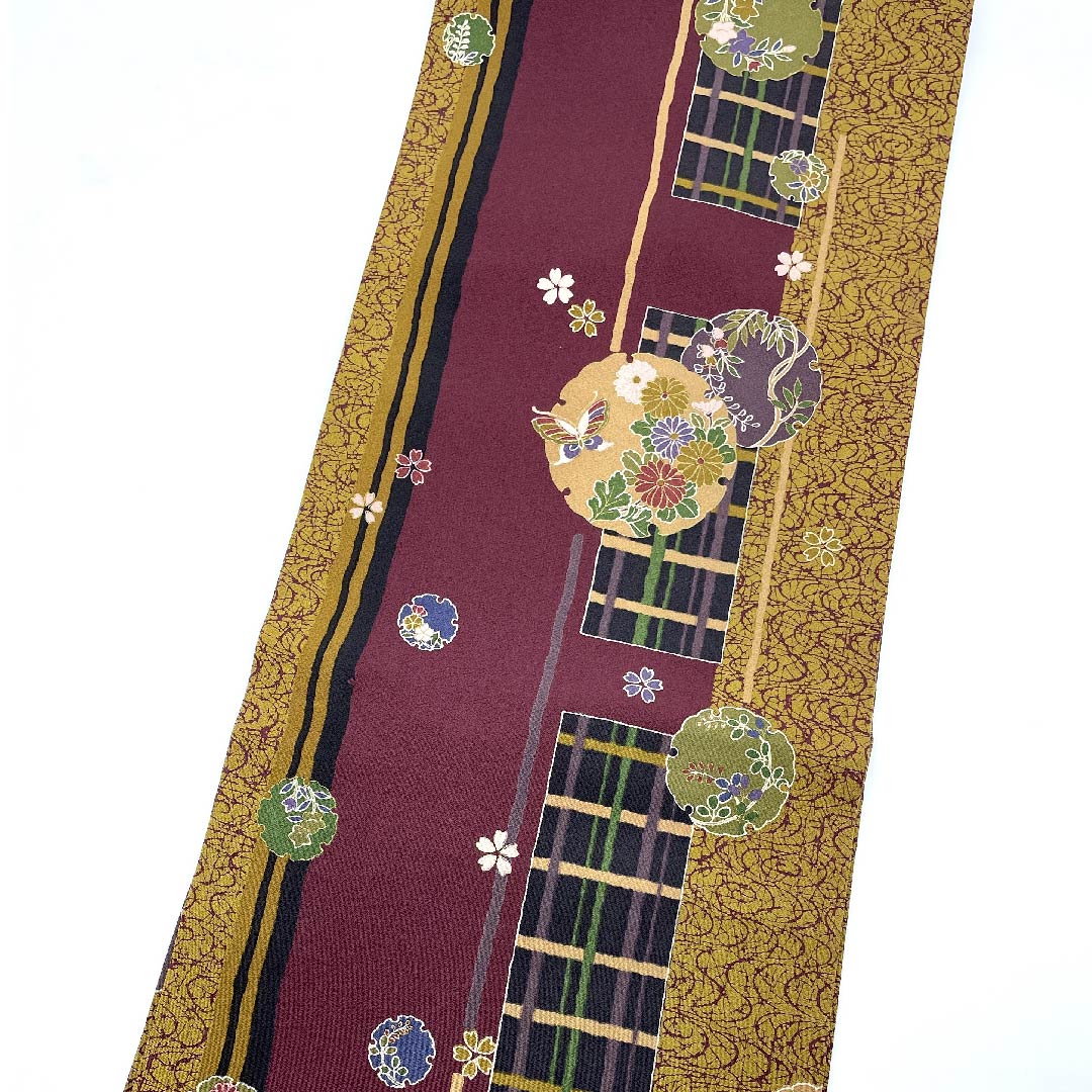 Nagoya obi, rosewood color, classic pattern, snowflake, butterfly, floral pattern, obi length 377cm, polyester, S rank, full length, casual, purple, 1124005052320, Nagoya style
