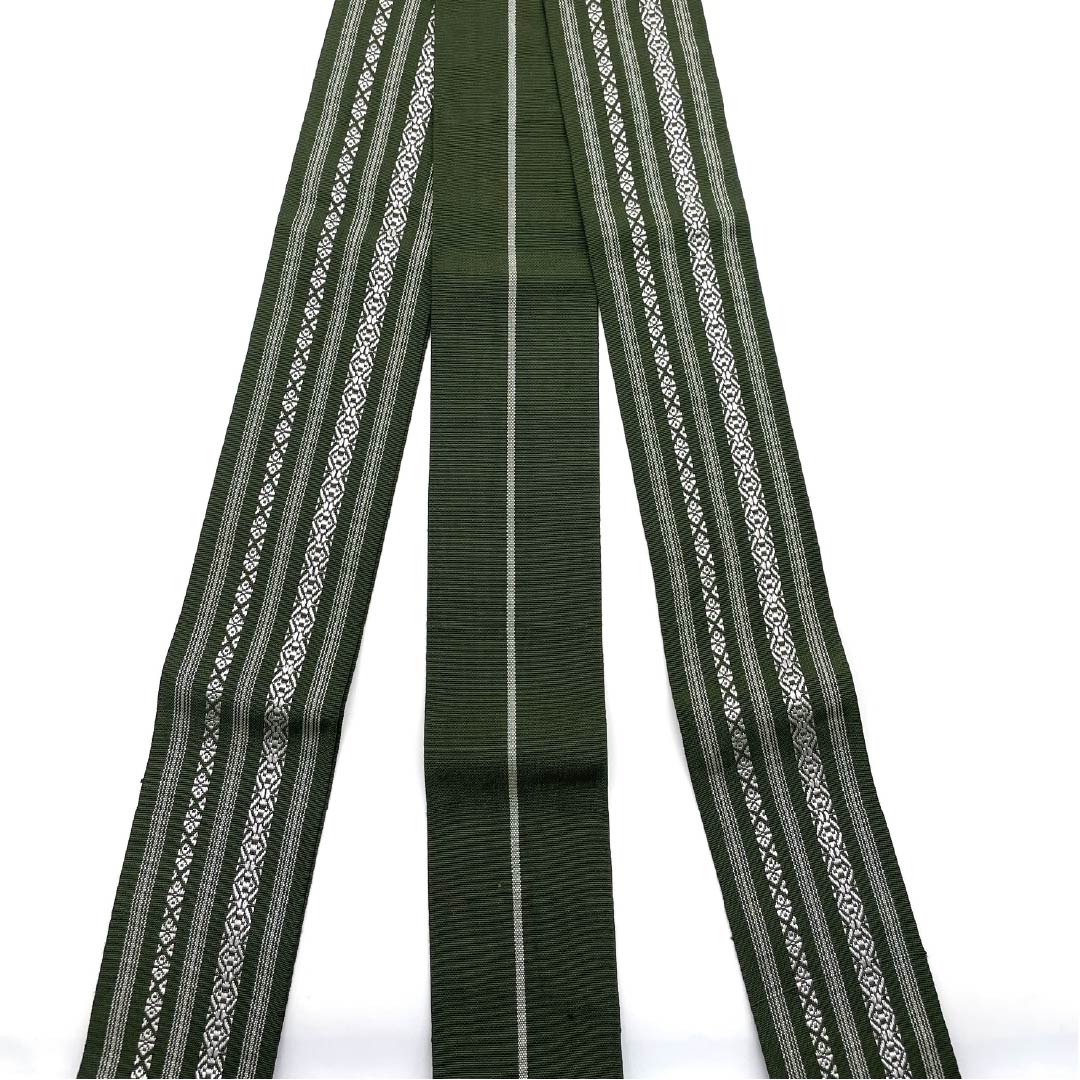 (Untailored) Pure Silk S-Rank Obi (Sash) in Katsugun-iro (Victory Army Color) with Hakata-ori (Kenjo) Pattern, Length 382cm, Width 9cm, Green, Item Number 1134000502919