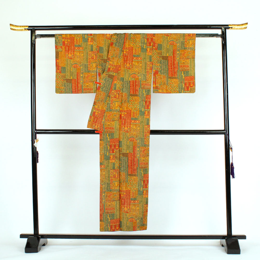 小紋 身丈152cm 裄丈64cm 袷  更紗柄 正絹 Aランク 茶系 1115000083214