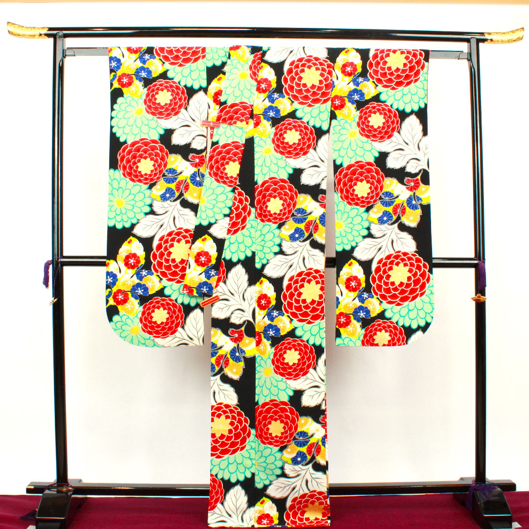 振袖 身丈169.5cm 裄丈66.5cm 袷  洗える着物 菊  ポリ Sランク 黒系 1113001292510