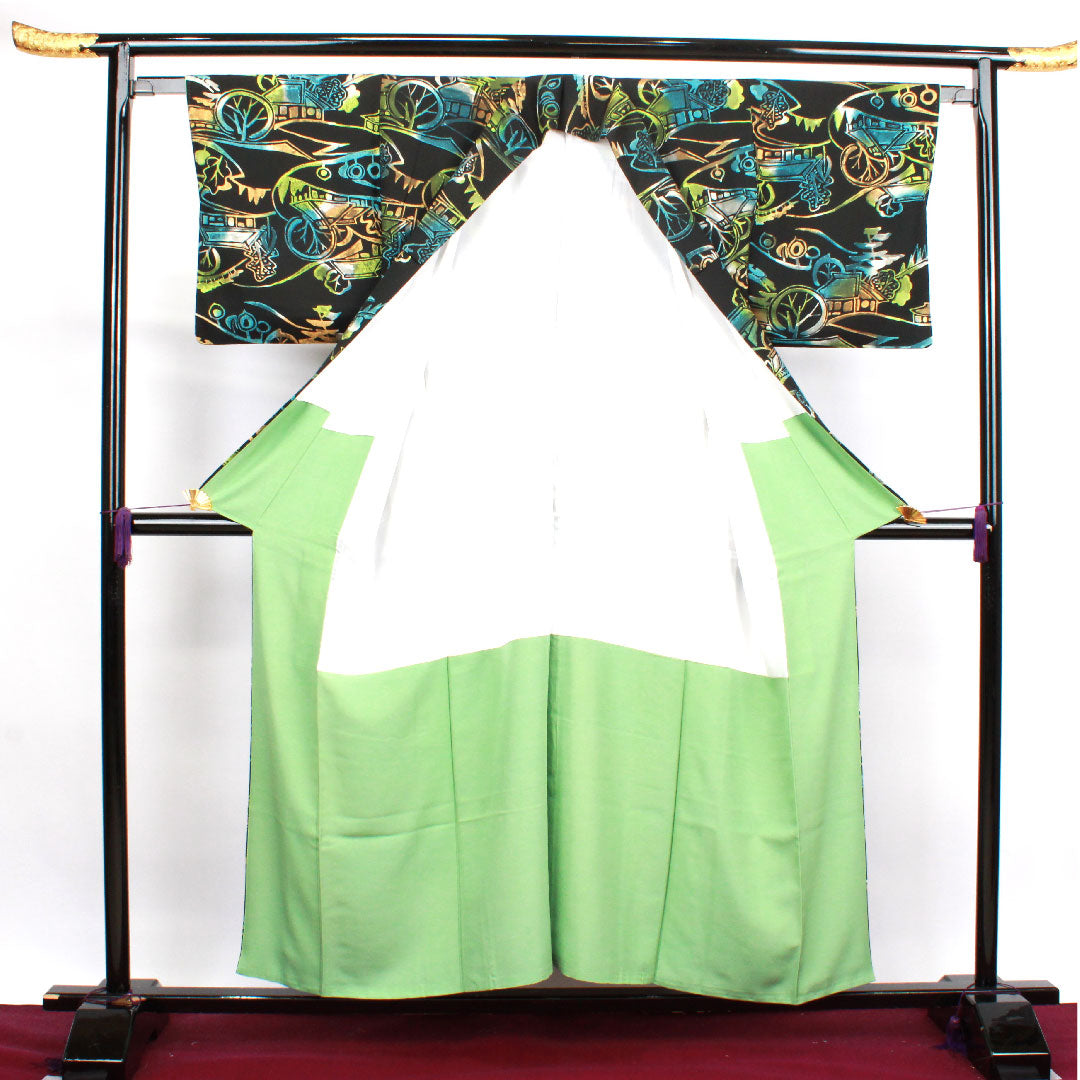 小紋 身丈155cm 裄丈63cm 袷  ろうけつ染め 風景模様  正絹 Sランク 黒系 1115003472310