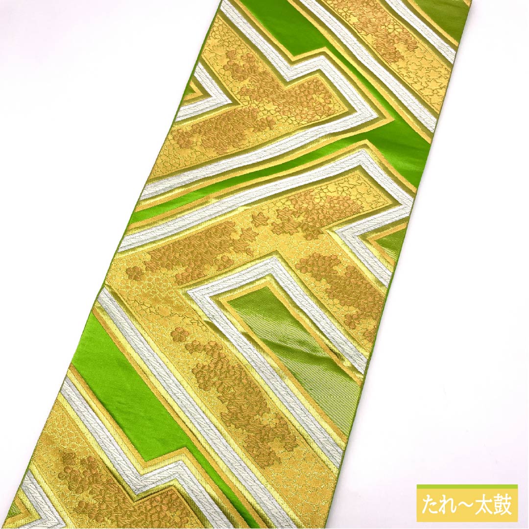 Yellow-green fukuro obi (sash) for furisode (long-sleeved kimono) made of pure silk by Hattori Orimono, featuring Shiratori Tsuzuriko. Length: 415cm. A-rank. Six-fold obi. Formal. Green. Product number: 1123014473319
