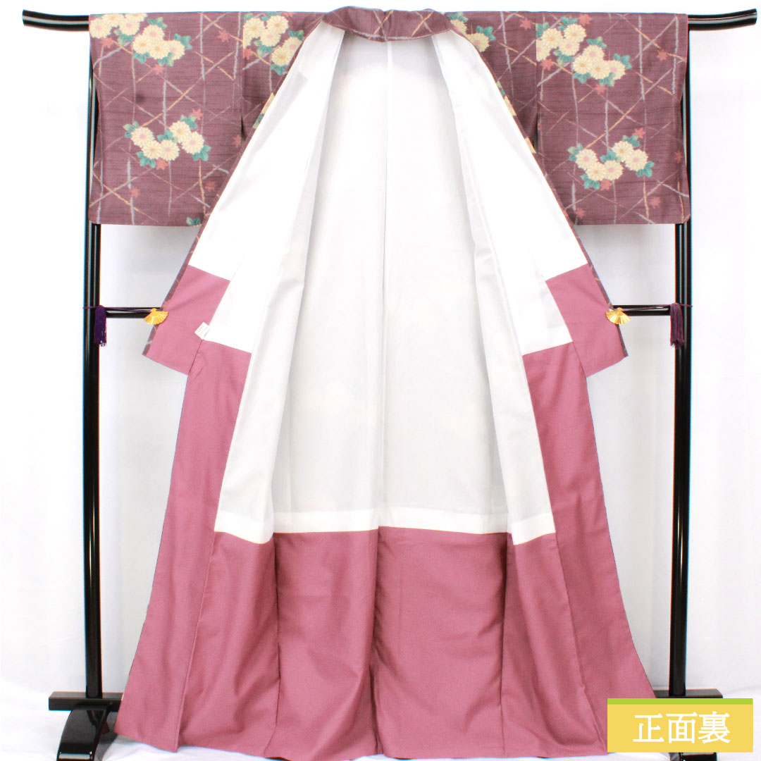 Small pattern, polyester, length 167.5cm, sleeve length 67cm, lined, poppy purple, washable kimono, chrysanthemum, S rank, purple, 1115004592520