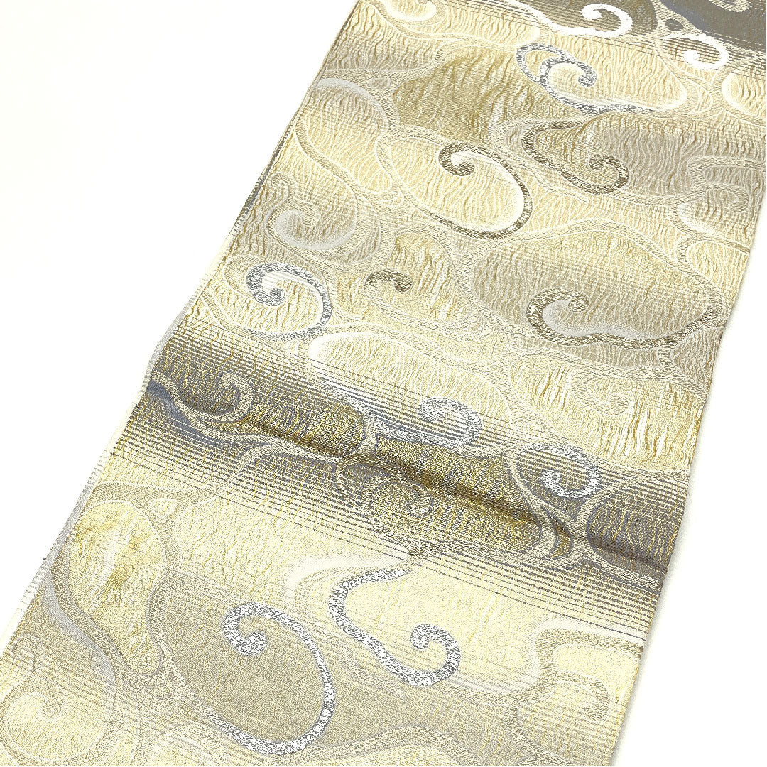 [Unfinished] Fukuro obi, pure silk, NEW rank, Takayama Kobo, Honbukuro, Kanze-ryusui pattern, full length 460cm, full pattern, semi-formal, cream color, 1123003601415