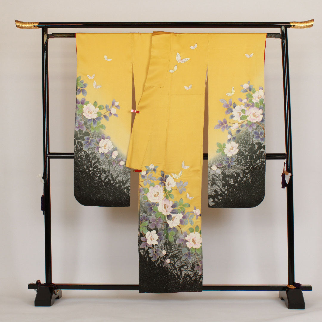振袖 身丈159cm 裄丈67cm 袷  蝶 花柄 正絹 Aランク 黄系 1113000383323