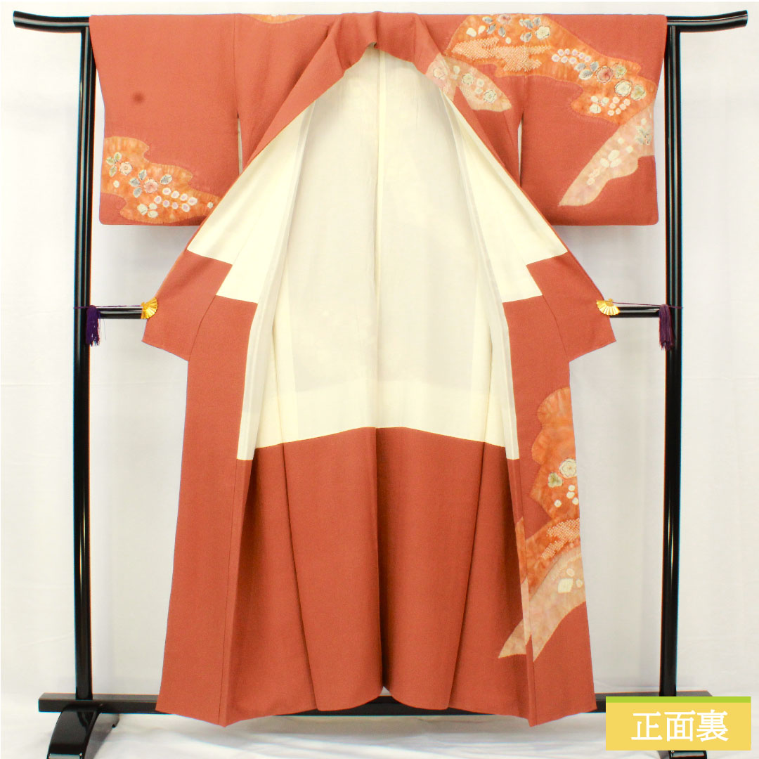 Homongi, pure silk, lined, length 154.5cm, sleeve length 62.5cm, sparrow color, Kyo-Yuzen, Tsujigahana, A rank, brown, 1112005273214