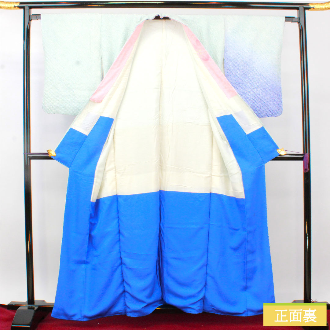 訪問着 正絹 袷 身丈159.5cm 裄丈64cm 藍白色（あいじろいろ） 総絞り 重ね衿付き Bランク 水色系 1112004824324