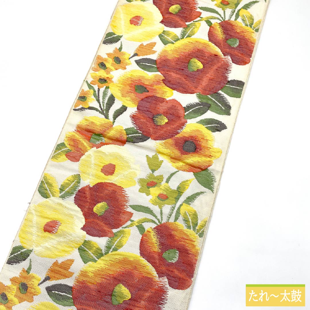 Nagoya Obi, Pure Silk, S-Rank, Floral Pattern, Length: 350cm, Six-Ply, Casual, White, 1124010702311, Open-Wear