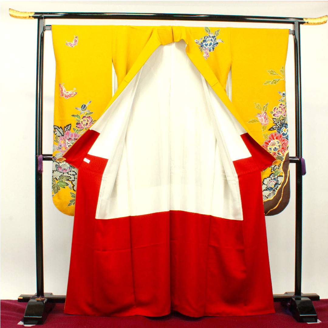 振袖 身丈164cm 裄丈66cm 袷  八丈色 京紅型 蝶 草花模様  正絹 Sランク 黄系 1113001742423