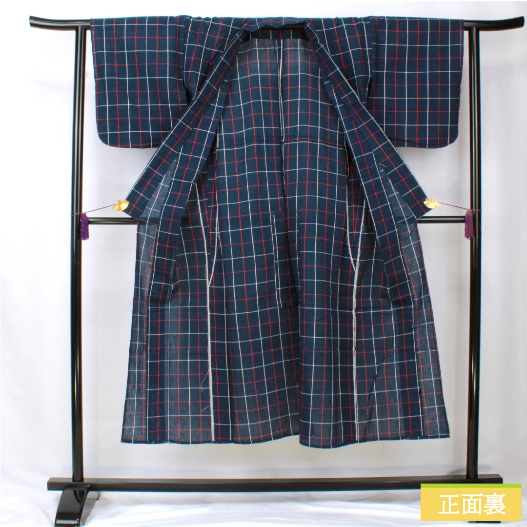 Cotton Yukata, Length 142cm, Sleeve Length 63cm, Rank B, Single Layer, Navy Blue, Shijira Weave, Red and White Check Pattern, 1118005834118