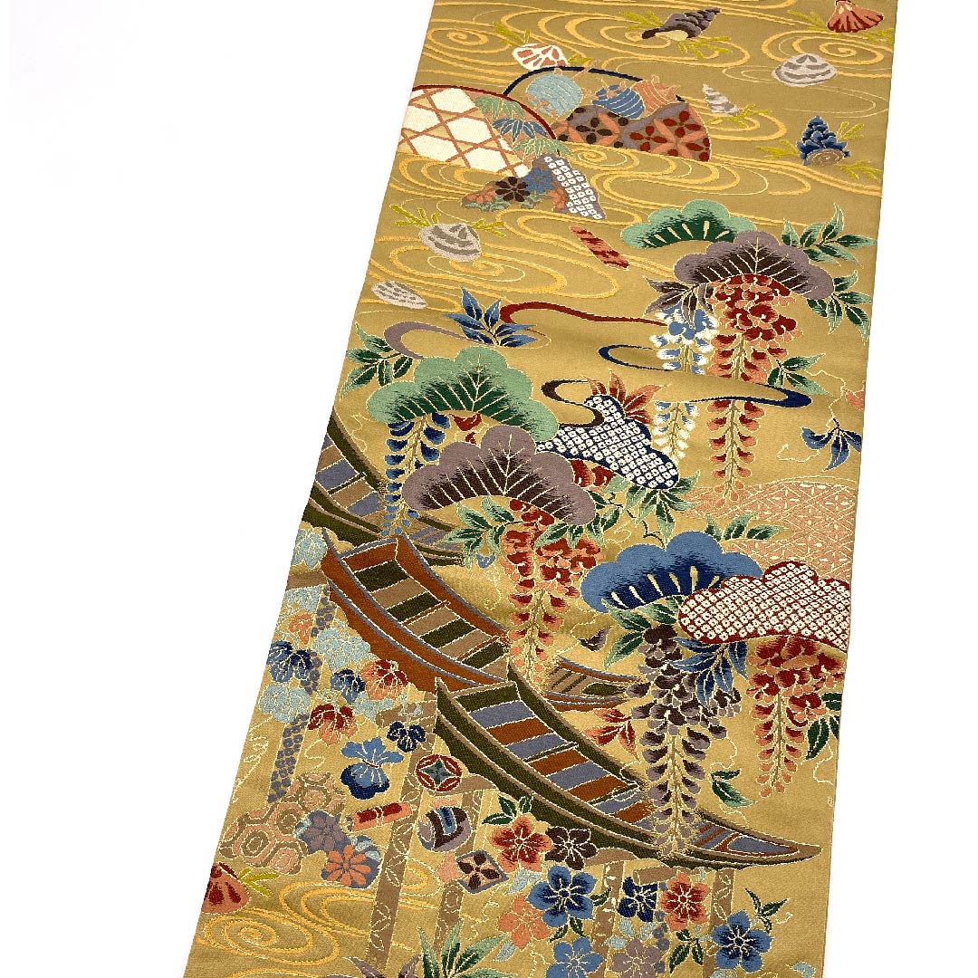 Fukuro Obi (Japanese sash) in gray, with treasures, boat, pine, Shirayaen Oba, obi length 432cm, pure silk, S rank, six-pass, formal, beige, 1123008942325