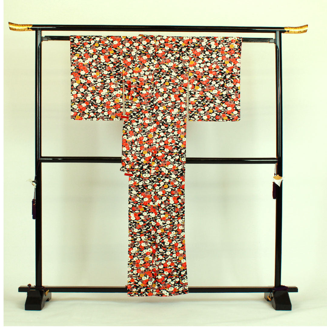 小紋 身丈158.5cm 裄丈61cm 袷  梅柄  正絹 Sランク 黒系 1115000472310