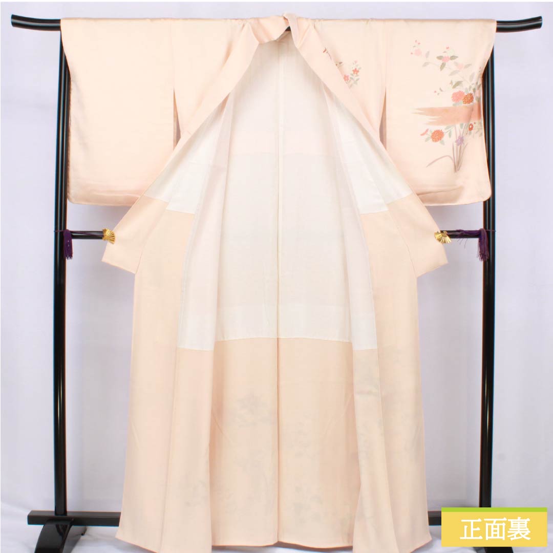 Visiting Kimono, Pure Silk, S Rank, Lined, Length 163.5cm, Sleeve Length 67cm, Light Color (Usunikuiro), Kyoto Yuzen, Plant Pattern, Orange, with Basting Thread, Product Number: 1112006672426
