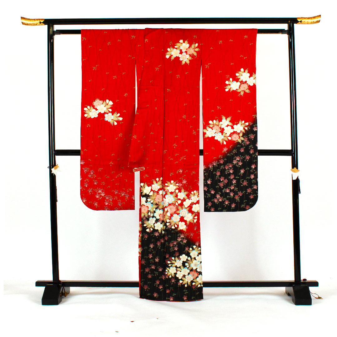 振袖 身丈165.5cm 裄丈65cm 袷  京友禅 桜模様 正絹 Sランク 赤系 1113000552512