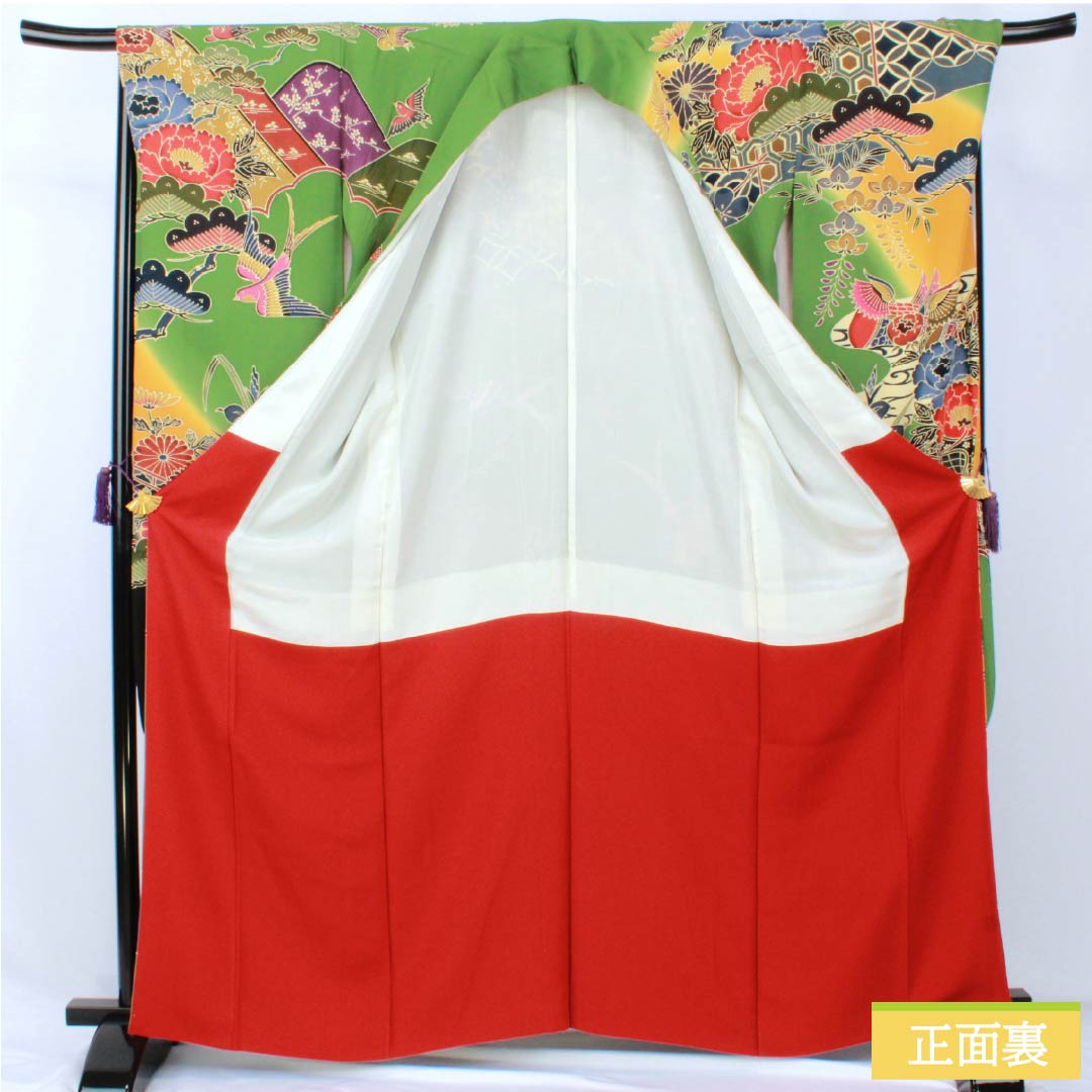 振袖 正絹 Aランク 身丈164.5cm 裄丈69cm 袷 松葉色（まつばいろ） 京紅型 吉祥文様 牡丹 菊 松 緑系 1113002363419