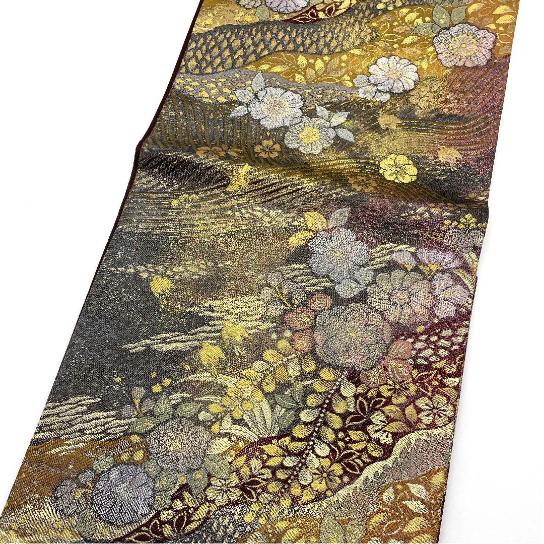 袋帯 熨斗目色（のしめいろ） 辻ヶ花 本金箔 プラチナ箔 帯丈424cm 正絹 Sランク 六通 フォーマル グレー系 1123005782322