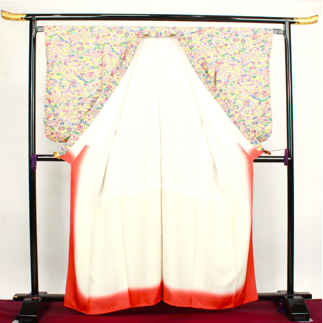 小紋 身丈161.5cm 裄丈65cm 袷  しつけ糸付き 未使用品 薄柑子色 型染 吉祥文様  正絹 Sランク 黄系 1115003392423