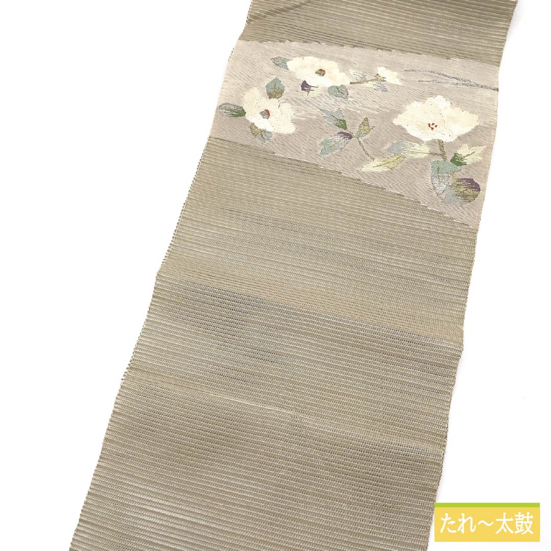Nagoya Obi, pure silk, flaxen, summer obi with a scoop weave and summer camellia pattern, length 362cm, S rank, accent pattern, semi-formal, beige, 1124008702325, pine needle stitching