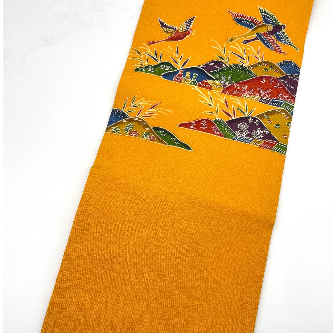 Nagoya obi, orange, Satoyama landscape, bird, crepe, obi length 381cm, pure silk, A rank, point pattern, casual, yellow, 1124004363323, Nagoya style