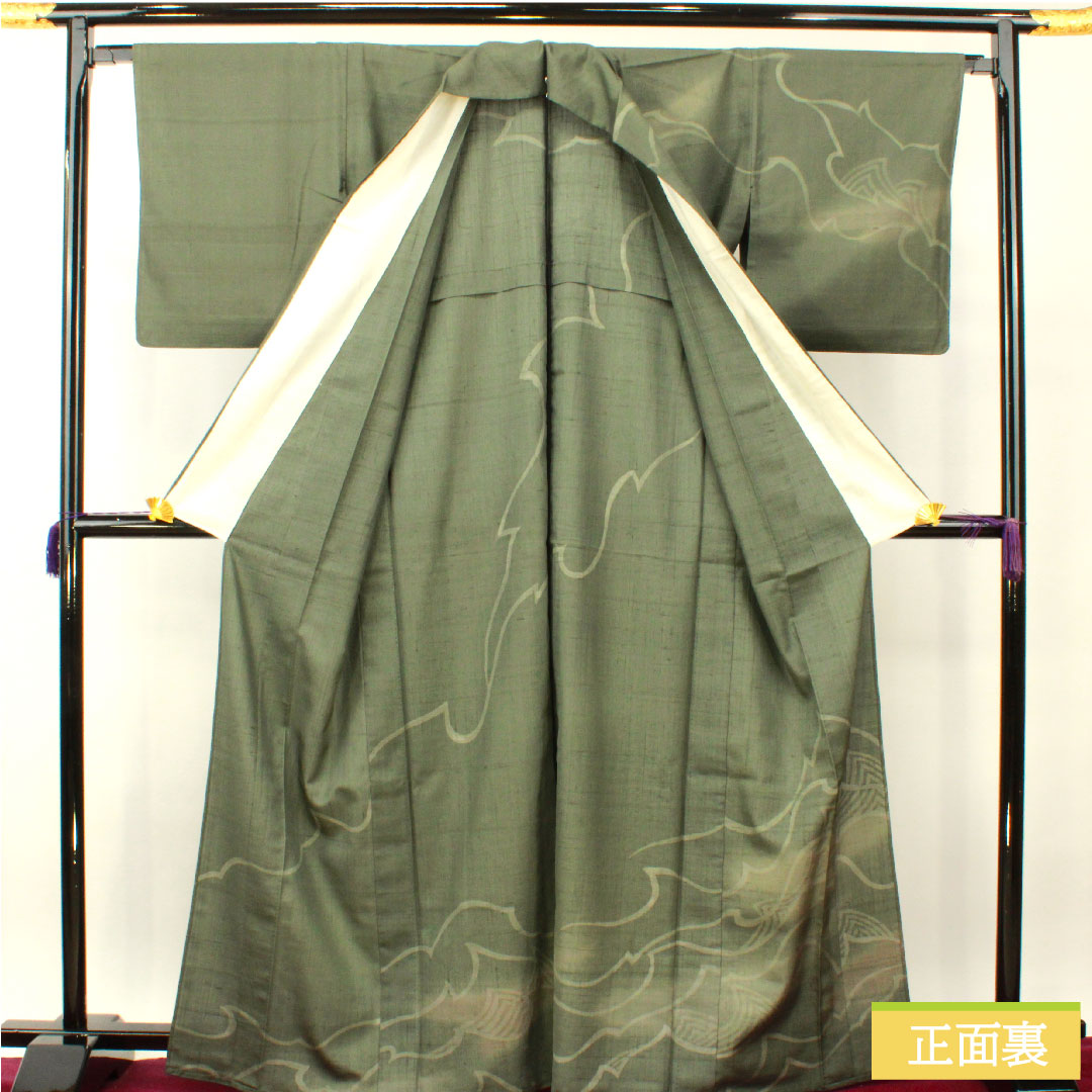 訪問着 正絹 単衣 身丈168.5cm 裄丈66.5cm 鈍色（にびいろ） 紬地 抽象模様 Sランク 緑系 1112004212519