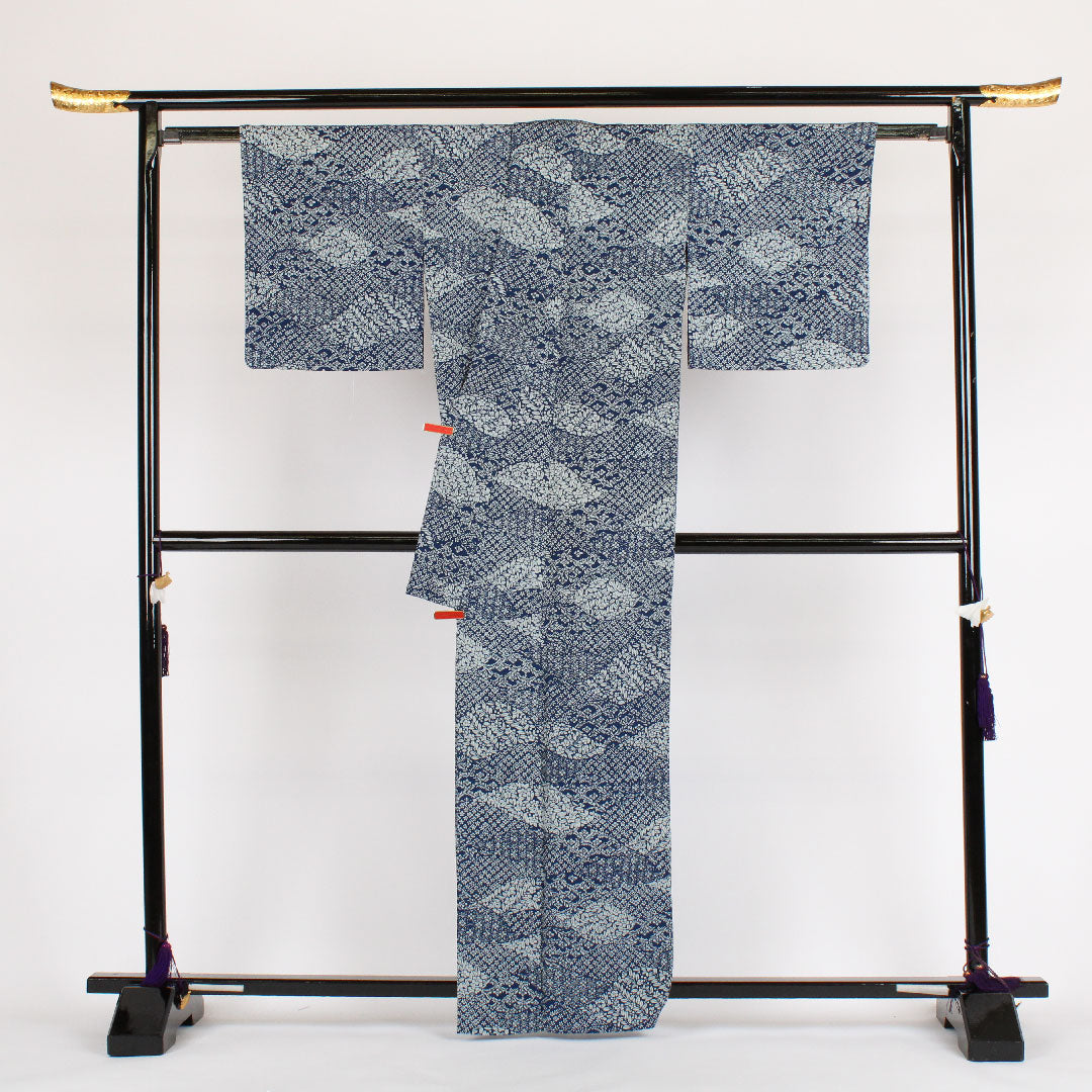 小紋 身丈162.5cm 裄丈64cm 単衣  花柄 正絹 Sランク 紺系 1115000162318