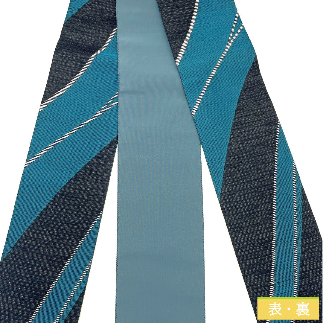 (Brand new, unused) Pure silk square obi, blue (hekishoku), geometric pattern, full-length, 436cm long, 10cm wide, gradient finish. Product code: 1134000591999
