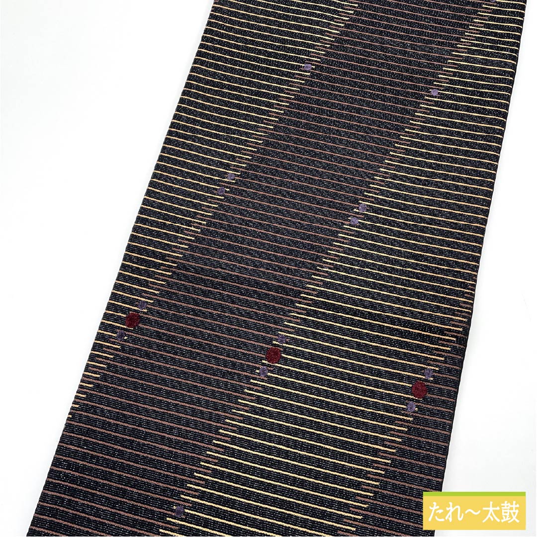 Fukuro Obi, Pure Silk, Black, Horizontal Stripes, Dots, Real Gold and Silver Leaf, Length 438cm, S Rank, Six-way, Semi-formal, Black, 1123012142310