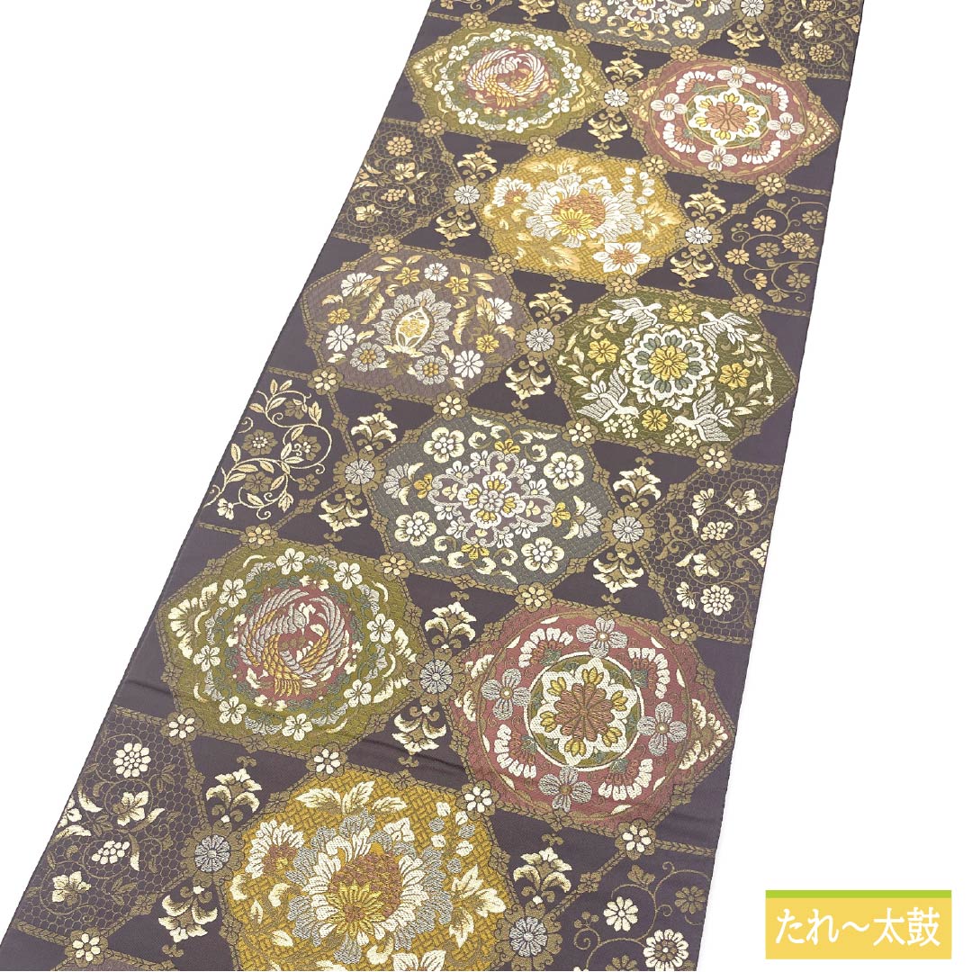 Formal, purple-colored obi made of pure silk with a Shosoin Treasure Treasure Treasure Treasure Treasure and phoenix motifs. Length: 442cm. S-rank. Six-pass obi. Product code: 1123014292320.